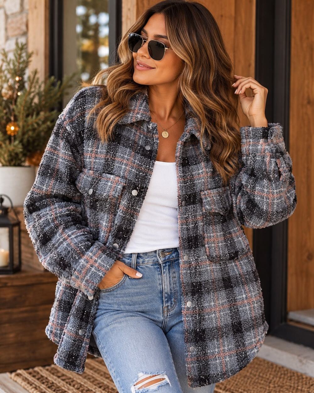 Abercrombie & Fitch Women Plaid Sherpa Shacket Jacket Soft Oversized